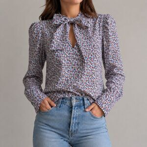 Notes Du Nord Long Sleeve Top Size S Cute Bow Tie V Neck Blouse Colorful Floral